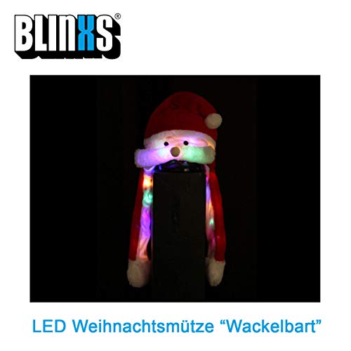 Preisvergleich Produktbild BLINXS LED Weihnachtsmann-Mütze / Nikolausmütze Wackelbart mit 20 bunt leuchtenden LEDs und Wackeleffekt- tolles Gimmick für Weihnachten - inklusive Batterien