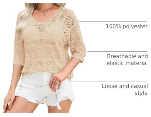 Image of Zeagoo Women's Summer Crochet Off the Shoulder Hollow Out Knit Tops 2026 V Neck 3 /4 Sleeve Sweater Top