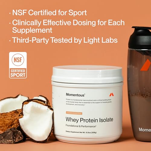 Image of Momentous Essential Grass-Fed Whey Protein Powder - 20 g Whey Isolate Protein - NSF Certified for Sport - Gluten-Free - 12 Servings for Essential Everyday Use - Chocolate Coconut - Package May Vary