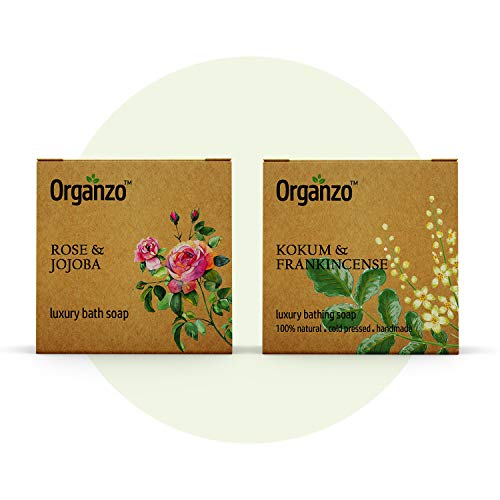 Organzo Organic Natural Hand Made Luxury Bathing Soap with Rose & Jojoba, Kokum Butter & Frankincense Chemical Free, Cold pressed Paraben Free SLS Free 100gm (Pack of 2)