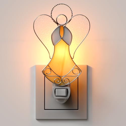 Image of Stained Glass Guardian Angel Night Lights Plug in,Yellow Color | Silver Chrome Stained Glass Night Lights Plug into Wall,Nightlights for Bedroom Kitchen,Gifts for Mom Birthday Christmas
