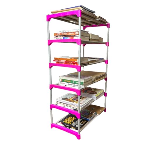 Image of 6 Shelves Layer Modern Simple Home Library, Book Stand Book Shelf with Storage Display Rack Open Bookcase Showcase Stand Book Rack for Study Room (Pink)
