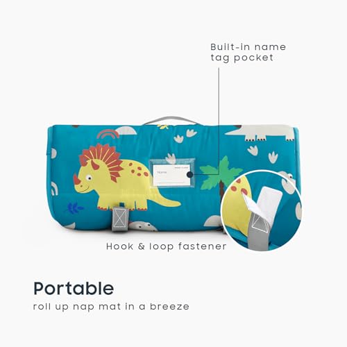 Image of Wake In Cloud - Toddler Nap Mat with Pillow and Blanket, 100% Cotton Fabric, for Kids Boys Ages 3 Plus in Daycare Kindergarten Preschool, Roll Up Sleeping Bag, Cute Dinosaurs
