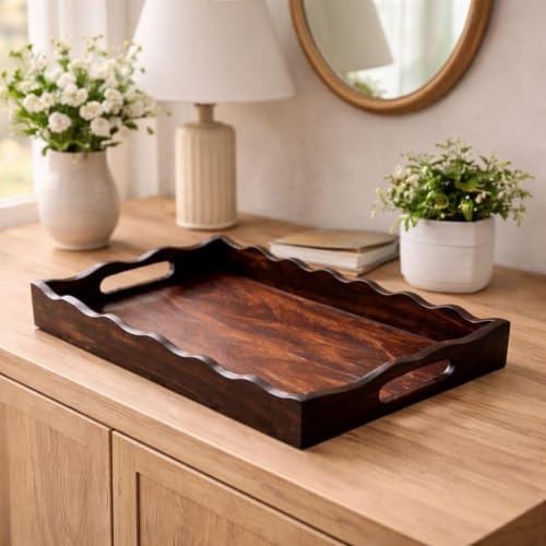 Image of Hamdan Large Serving Tray, Tray with Cutout Handles, Rectangle Butler Tray for Breakfast in Bed, Coffee Table Decor, Party (8x6)