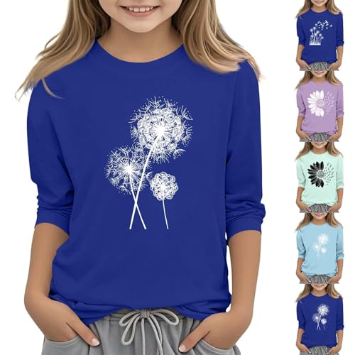 Girls Casual Tunic Tops Kids Printed Flowers Long Sleeve Round Neck Loose Pullover Blouse T-Shirt Tee