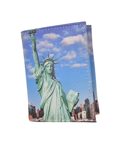 Men's Genuine Leather Center Flap Credit Card ID Holder Trifold Statue of Liberty Wallet