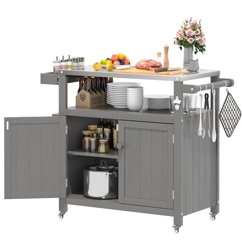 Sunnibety Weatherproof HIPS Outdoor Kitchen Island with Stainless Steel Top & Storage Cabinet, Movable Prep Table with Wheels for BBQ Food Prep, Outdoor Grill Cart for Parties, Grey