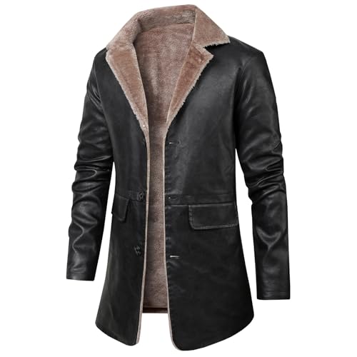 Cambkatl Men's Stylish Faux Fleece Lined PU Blazers Mid-Long Lapel