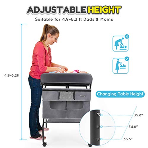 Rolling Baby Changing Table with Wheels, FORSTART Adjustable Height Folding Infant Diaper Station Portable Mobile Nursery Stand with Newborn Lightweight Storage Rack