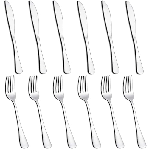 12P Knife and Fork Sets, PionStar Stainless Steel Cutlery Set for 6 People, Forks Set of 6 & Knives Set of 6, Dishwasher Safe/Mirror Polished, Silverware Set Include Knife and Fork