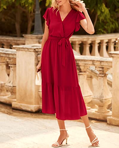 Image of BTFBM Women Summer Bohemian Floral Casual Wrap V Neck Ruffle Cap Sleeveless Belt A-Line Pleated Hem Midi Sun Dress White