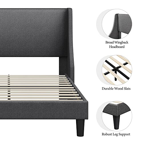 Yaheetech Queen Size Upholstered Bed Frame With 2 Usb Charging Stations/Port For Type A & Type C/Linen Fabric Curved Headboard, Mattress Foundation, Strong Wooden Slats Support, Dark Grey #TOP6