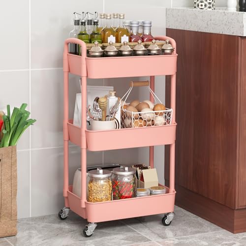 Image of Sywhitta 3-Tier Plastic Rolling Utility Cart with Wheels for Storage, Pink | Multi-Functional Storage Trolley, for Office, Living Room, Kitchen, Bathroom,Movable Organizer,Space-Saving,Easy to assemble