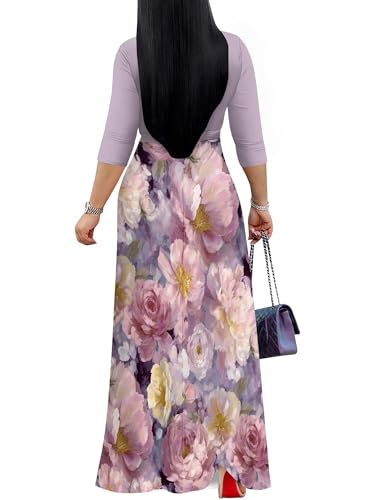 Image of Women's V Neck Floral Maxi Dress 3 /4 Sleeve Plus Size Boho Wrap Flowy Long Dresses with Belt