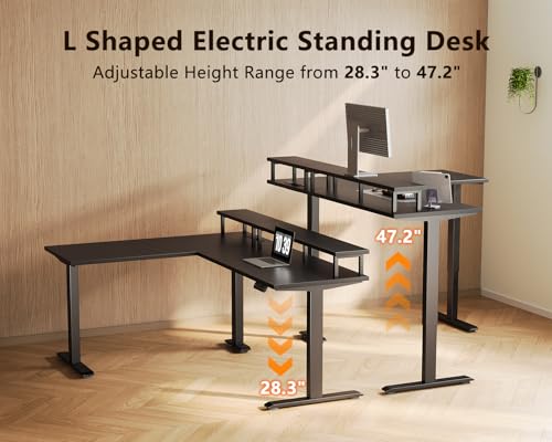 Image of AODK Electric L Shaped Standing Desk with Monitor Stand, 59 Inch Height Adjustable Corner Desk with Power Outlets, Large Sit Stand Table, Reversible Computer Desk for Home, Office, Black