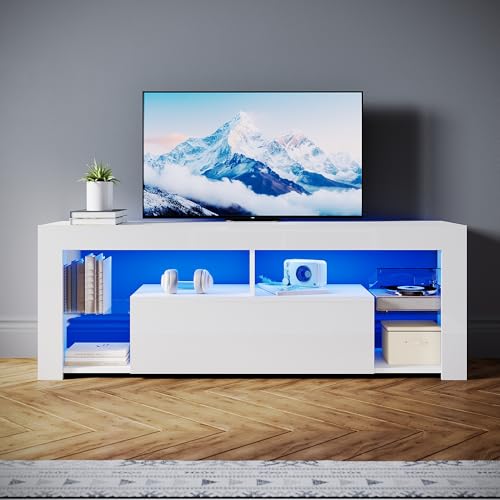 SONNI TV-Schrank Modern 140cm, Lowboard Hochglanz Weiß mit 16 Farben LED-Beleuchtung, Schublade, ofâ€¦ – Miniatur