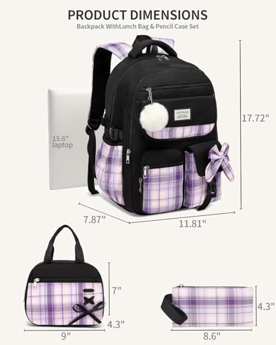 Image of Backpack for School Girls, 3Pcs Kids Cute Bookbag with Lunch Box Pencil Pouch, Student Pack Fits 15.6 Inch Laptop for Teens bag for Kindergarten Elementary Preschool Middle School, Black Purple Tartan