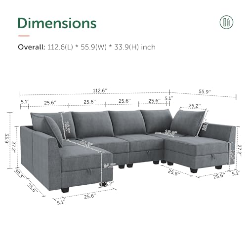 HONBAY Modular Sectional Couch U-Shaped Modular Sofa, Sectional Couch with Storage Seats Convertible Sofa for Living Room, Bluish Grey - Image 3