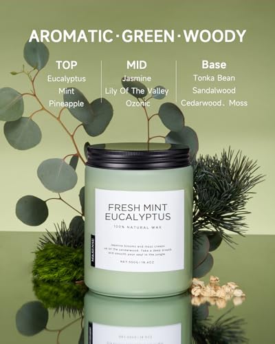 M&SENSE Eucalyptus & Mint Candles Home Scented, Natural Non Toxic Soy Candle, 19.4oz 110H Long Lasting Aromatherapy Candle for Stress Relief, Meditation, Spa, Relaxing Gifts for Men Women - Image 3