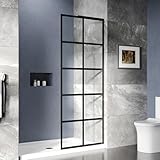 DeerValley 32'×78' Fixed Glass Shower Panel, 10mm Thick Shower Glass Panel, Grid Pattern Glass Shower Door, Bathroom Shower Screen, Tempered Glass Door for Shower