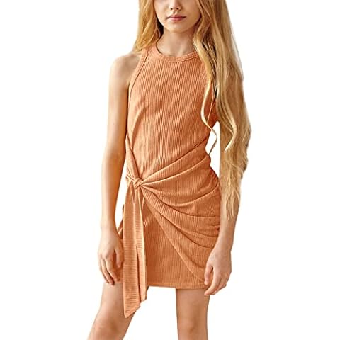 Batermoon Girls' Dress Kids Ribbed Knit Sleeveless Tie Twist Slim Fit Party Dresses for 5-14 Years Orange Cover