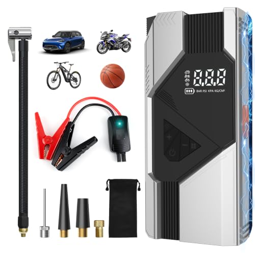 Junsun 10000mAh Compresor de Aire 150 PSI con Arrancador de Batería 12V y Power Bank 18W, Inflador Portátil para Coche Gasolina y Diésel, Arranque de Emergencia, Pantalla LCD, Carga Rápida y Luz LED