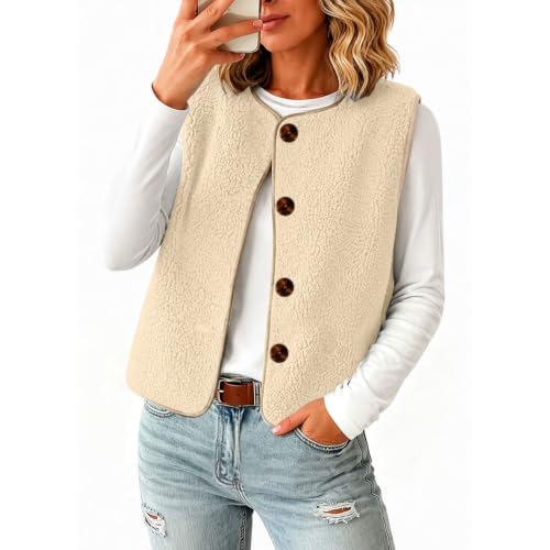 Womens Sherpa Fleece Vest Button Front Crew Neck Trim Casual Fall Layering - image 3