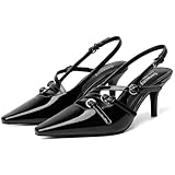Susanny Black Slingback Kitten Heels for Women Closed Pointed Toe Strappy Dress Pumps Comfortable Stiletto Low Heels Sexy Buckle Strap Dressy Slip On Shoes for Wedding Bridal Party Work 9