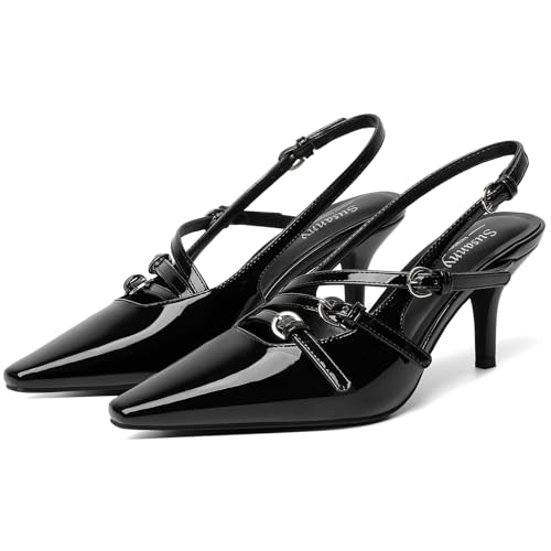 Susanny Black Slingback Kitten Heels for Women Closed Pointed Toe