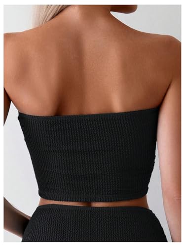 OYOANGLE Women's 2 Piece Strapless Swimsuit High Waisted Smocked Bandeau Bathing Suit4