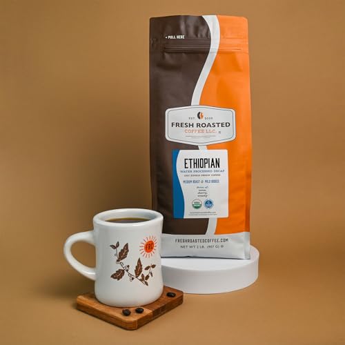 Image of Fresh Roasted Coffee, Organic Ethiopian Water-Processed Decaf Drip Ground Coffee, Medium Roast, USDA Organic, 100% Single Origin, Kosher, 2 lb (32 oz)