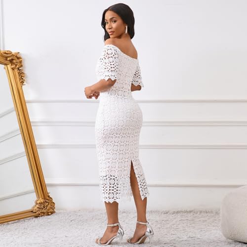 Image of Cololura Elegant Sexy Floral Lace Short Sleeve Off Shoulder Evening Gown Party Formal Bodycon Midi Dress