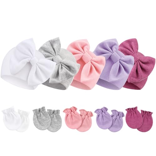 Image of BQUBO Newborn Baby Girls Hats Mittens Set Hospital Hat Beanie Infant Bow Hats Baby Cotton Gloves for 0-6 Months