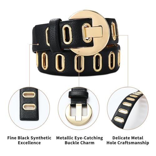 Black Grommet Belt for Women Black Leather Belt Gold Buckle Stylish and Versatile Accessory for Jeans and Skirts4