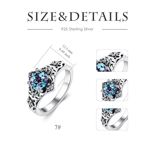 Vintage Style 1 Carat Round Cut Birthstone Ring 925 Sterling Silver Stone with Oxidized Rose Filigree Anniversary Engagement Ring for Women Gifts Size 5-124