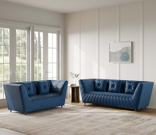 Image of Amazon Brand - Solimo Corell Tufted Velvet Fabric 3+2 Seater Sofa for Living Room Furniture (Blue)|3 Year Warranty