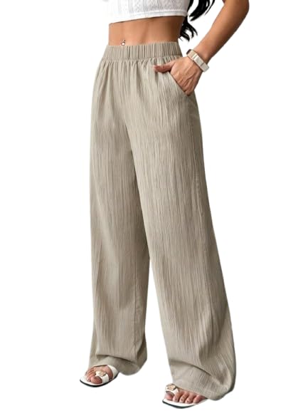 Women's Wide Leg Palazzo Pants | High Waist Elastic Waistband Trousers with Pockets | Soft Lightweight Casual Lounge Pants | Straight Fit Full Length Bottom Wear-picture-26
