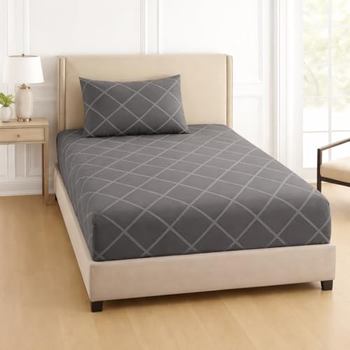 Image of DECOR2ADMIRE 300 TC Premium Glace Cotton Solid Lines Pastel Shades Bedsheet for Single Bed with 1 Pillow Cover for Home (Solid-Lines Grey, Single 60 inch x 90 inch)