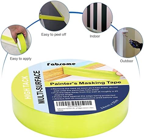 Fabsome Multi-Surface Painters Masking Tape 24mm x 50m, Sharp Paint Lines and Crisp Edges, Premium Green High Tack Washi Tape for Indoor Outdoor Painting Decorating