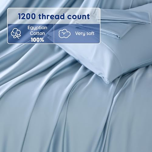 Image of SONORO KATE 100% Egyptian Cotton Sheets,1200 Series,Cal King Size | Soft Breathable & Cooling LuxuryHotel Cotton,Sateen Weave for Soft Feel,Fits Upto 16 inch Mattress,4PC,French Blue