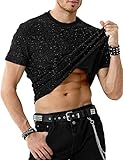 Arjen Kroos Men's Sequin Disco Shirts Short Sleeve Sparkly Rave Hot Tops,BLACK-AK3312,Large
