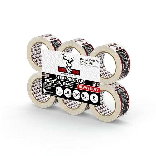 6 Pack Buck Strapping Tape 2 Inch x 60 Yds (180ft), 5.5 Mil – Heavy Duty Fiberglass Tape, Filament Tape, Reinforced Packing Tape with Synthetic PET Adhesive for Bundling, Shipping &amp; Palletizing