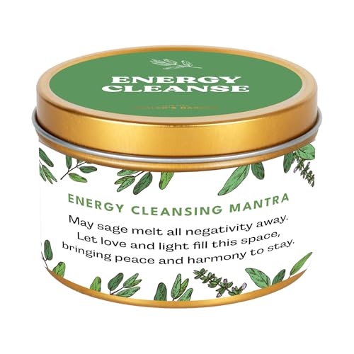 Premium Sage Candle with Energy Cleansing Mantra – Natural Soy Wax, Cotton Wick, Paraben and Phthalate-Free Scent, Non Toxic, Clean Scented Candles for New House, Smudging, Negative Protection, 6oz