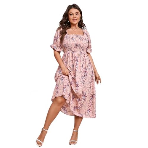 KOJOOIN Womens Puff Sleeve Summer Floral Dress Plus Size Smocked Ruffle Square Neck Casual Dress Cute Midi Dress, X-Large, Pink Flower