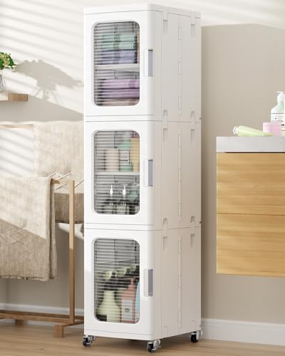 Image of BROVIEW 3-Tier Tall Narrow Storage Cabinet Organizer, Slim Bathroom Cabinets with Adjustable Shelves and Doors, Plastic Kitchen Pantry Organizers and Storages for Small Space, Laundry, White