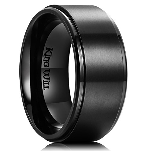 King Will Basic 10mm Titanium Wedding Band Ring for Men Women Comfort Fit Black Beveled Edge Polished Brushed 7