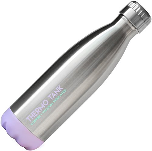 Thermo Tank Insulated Stainless Steel Water Bottle - Ice Cold 36 Hours! Vacuum + Copper Technology - 17 Ounce (Lavender + Steel, 17oz)