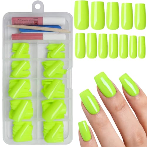 120Pcs Bright Green Press on Nails Medium Square Glue on Nails, Glossy Solid Color Fake Nails Full Cover Acrylic Nails Press on for Women Girls Artificial Fingernails