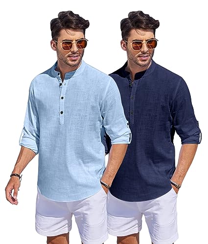 Image of Bellstone Men's Cotton Blend Straight Kurta Shirt Combo with Mandarin Collar - Slim Fit Casual Short Kurti Set Featuring Textured Slub Fabric and Roll-Up Full Sleeves