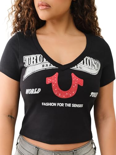 True Religion Women's Distressed Crystal High Shine V-Neck Baby Tee - Casual T-Shirt-Jet Black, L